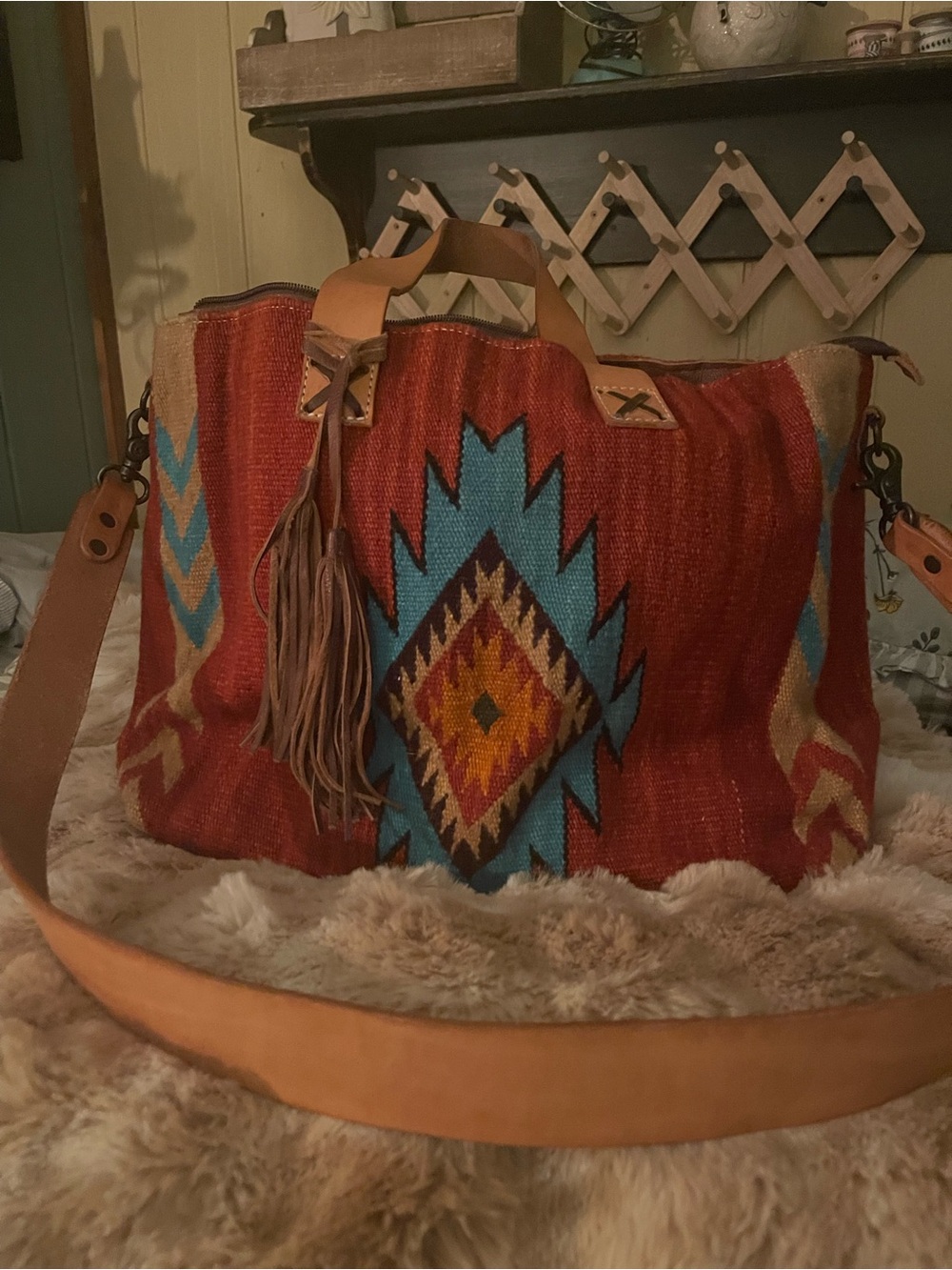 Bohemian Aztec Red Woven Weekender Bag with Leather Trim